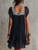 Apolline | Vestido mini plisado azul marino bordado de flores