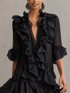 Anaïs | Vestido mini negro de gasa con volantes de encaje