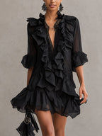 Anaïs | Vestido mini negro de gasa con volantes de encaje