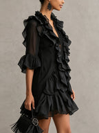 Anaïs | Vestido mini negro de gasa con volantes de encaje