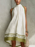 Agathe | Vestido trapecio blanco y verde oliva de flores