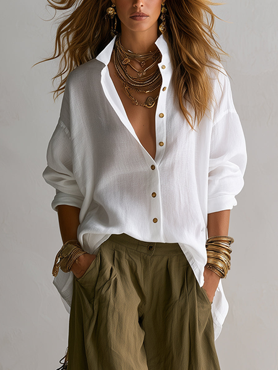 Relaxed White Shirt & Wide-Leg Lantern Trousers Set