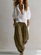 Relaxed White Shirt & Wide-Leg Lantern Trousers Set