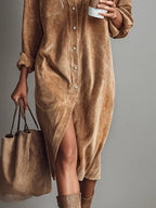 Corduroy Midi Dress with Chest Pockets