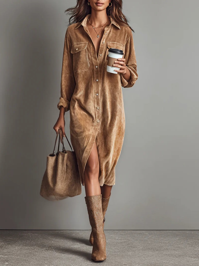 Corduroy Midi Dress with Chest Pockets