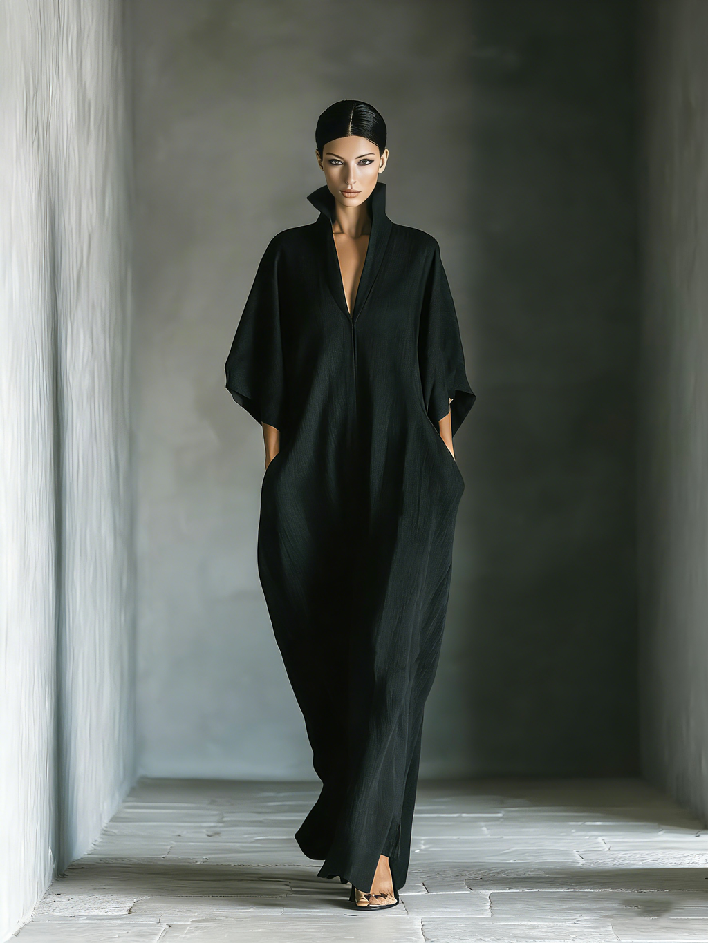 Costanza | Vestido largo negro con mangas kimono y escote en V