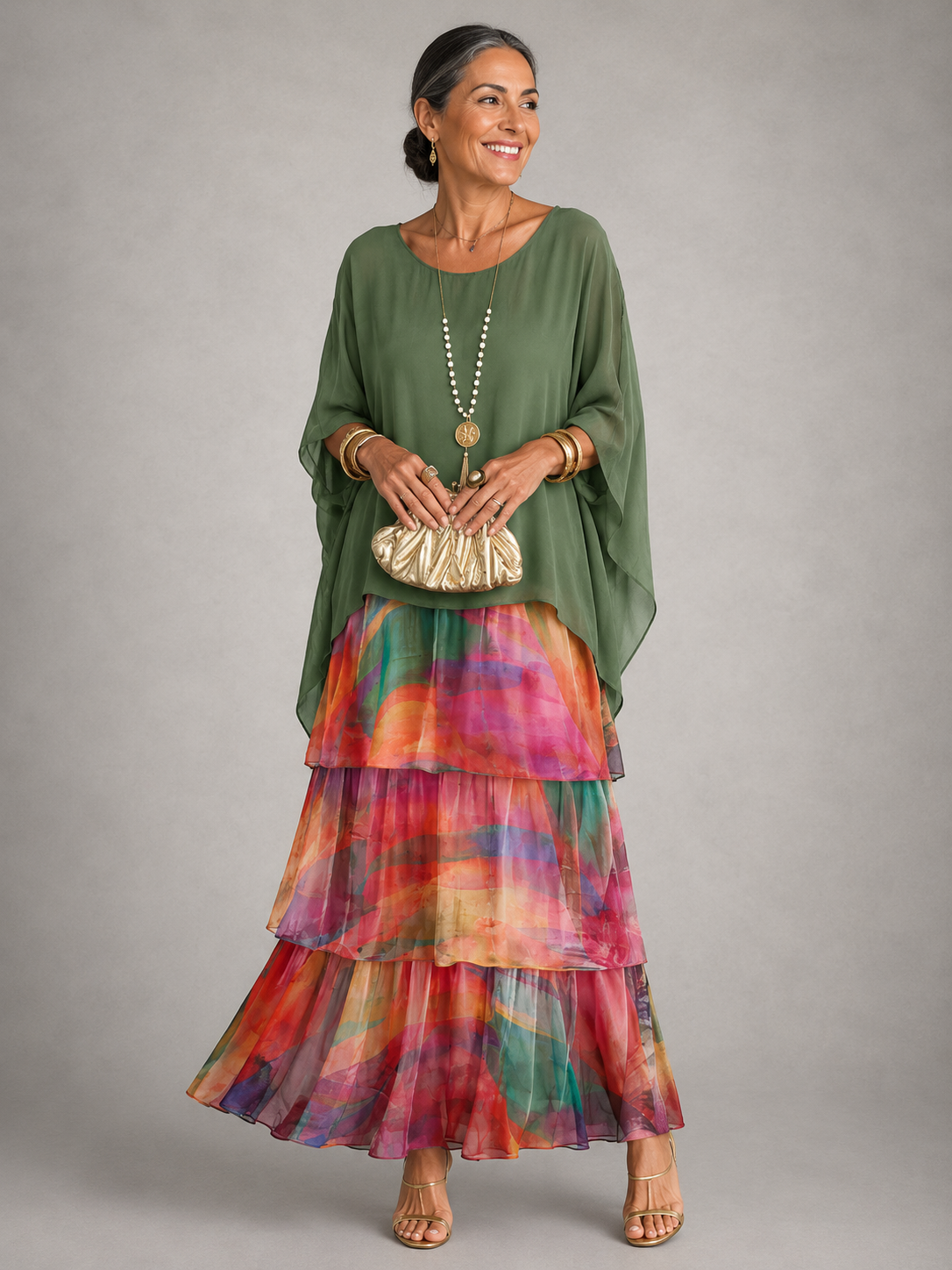 Robe longue élégante Lara™ pour femme de Danoir Paris, tissu fluide vert foncé, coupe flatteuse et détails sophistiqués.