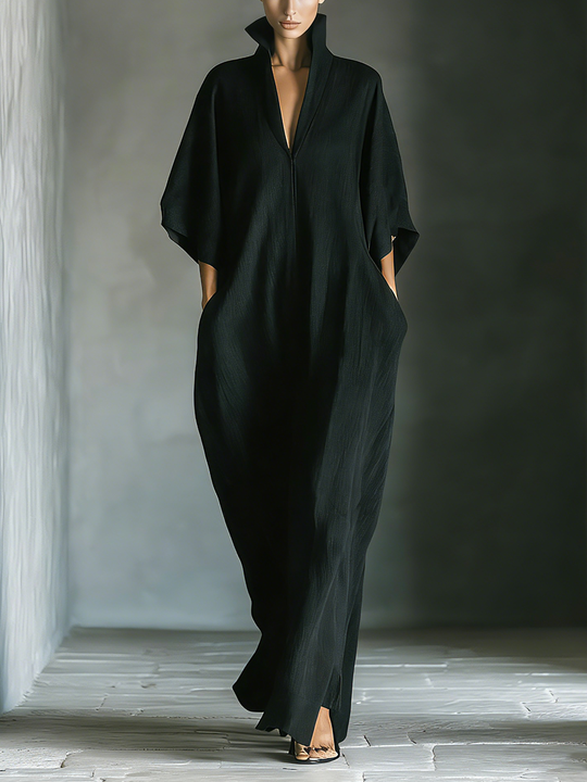 Costanza | Vestido largo negro con mangas kimono y escote en V