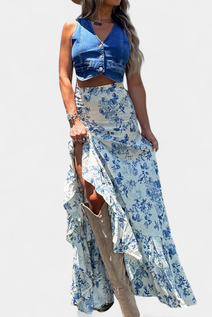 Kala | Falda maxi floral con volantes