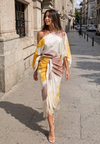 Antal | Conjunto amarillo de falda midi con hombros descubiertos