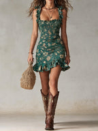Abito Mini Stampato Verde Bohemien con Volant
