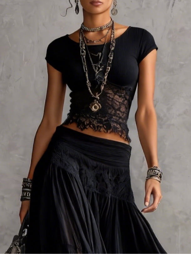 Conjunto Negro de Top en Encaje Transparente y Falda Maxi Plisada