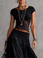 Conjunto Negro de Top en Encaje Transparente y Falda Maxi Plisada