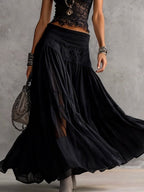 Conjunto Negro de Top en Encaje Transparente y Falda Maxi Plisada