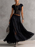Conjunto Negro de Top en Encaje Transparente y Falda Maxi Plisada