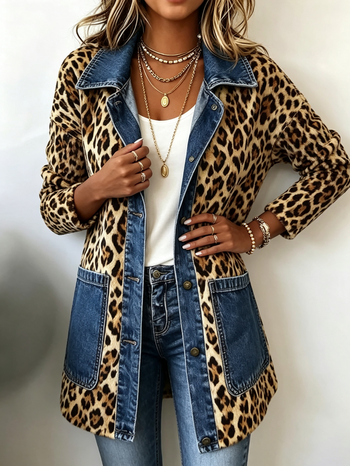 Fablenne | Chaqueta Larga Leopardo con Paneles Denim