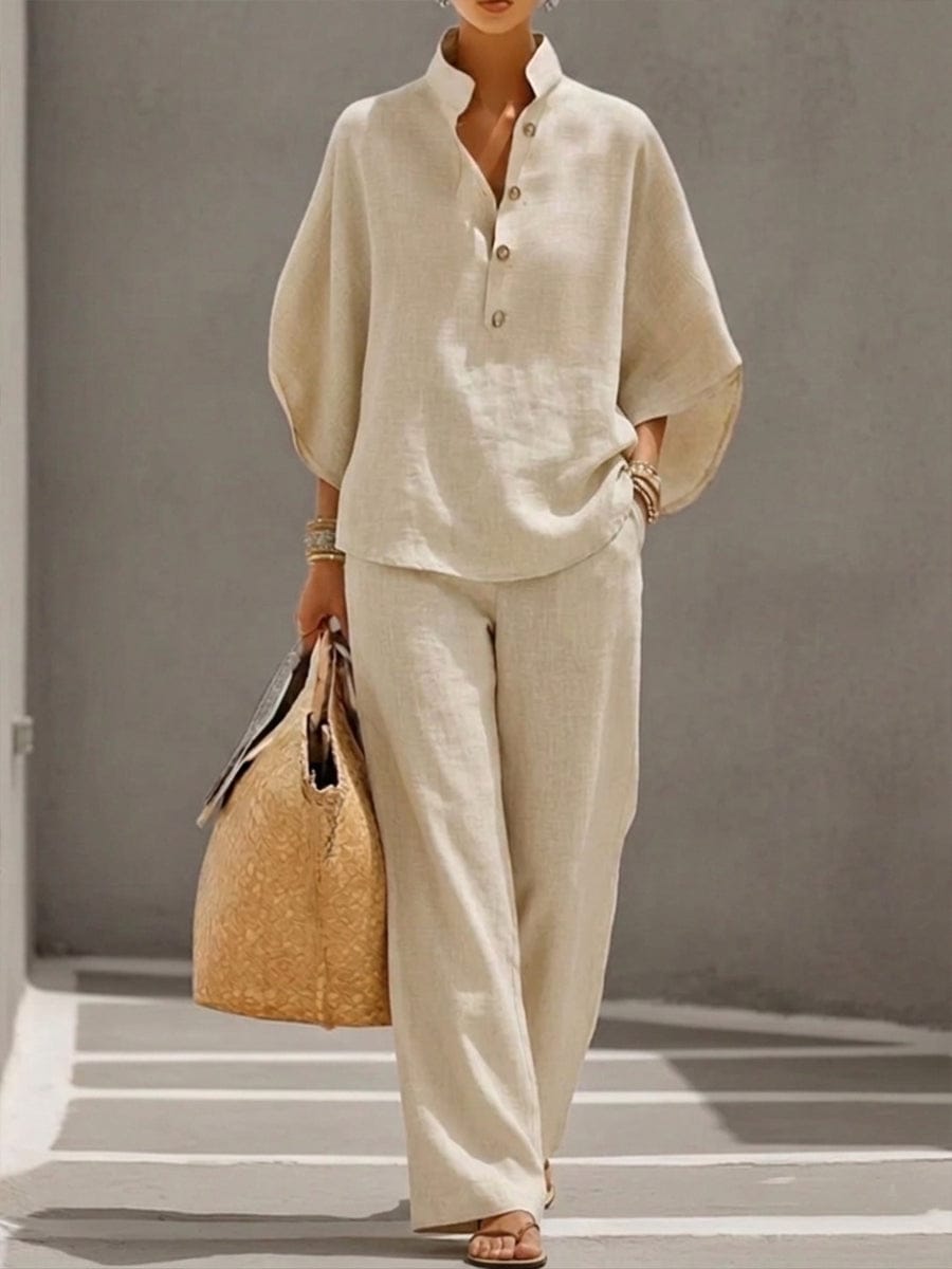 Mariel | Cotton Linen Batwing Sleeve Wide Leg Pants Set