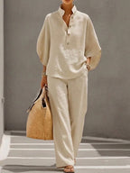 Mariel | Cotton Linen Batwing Sleeve Wide Leg Pants Set