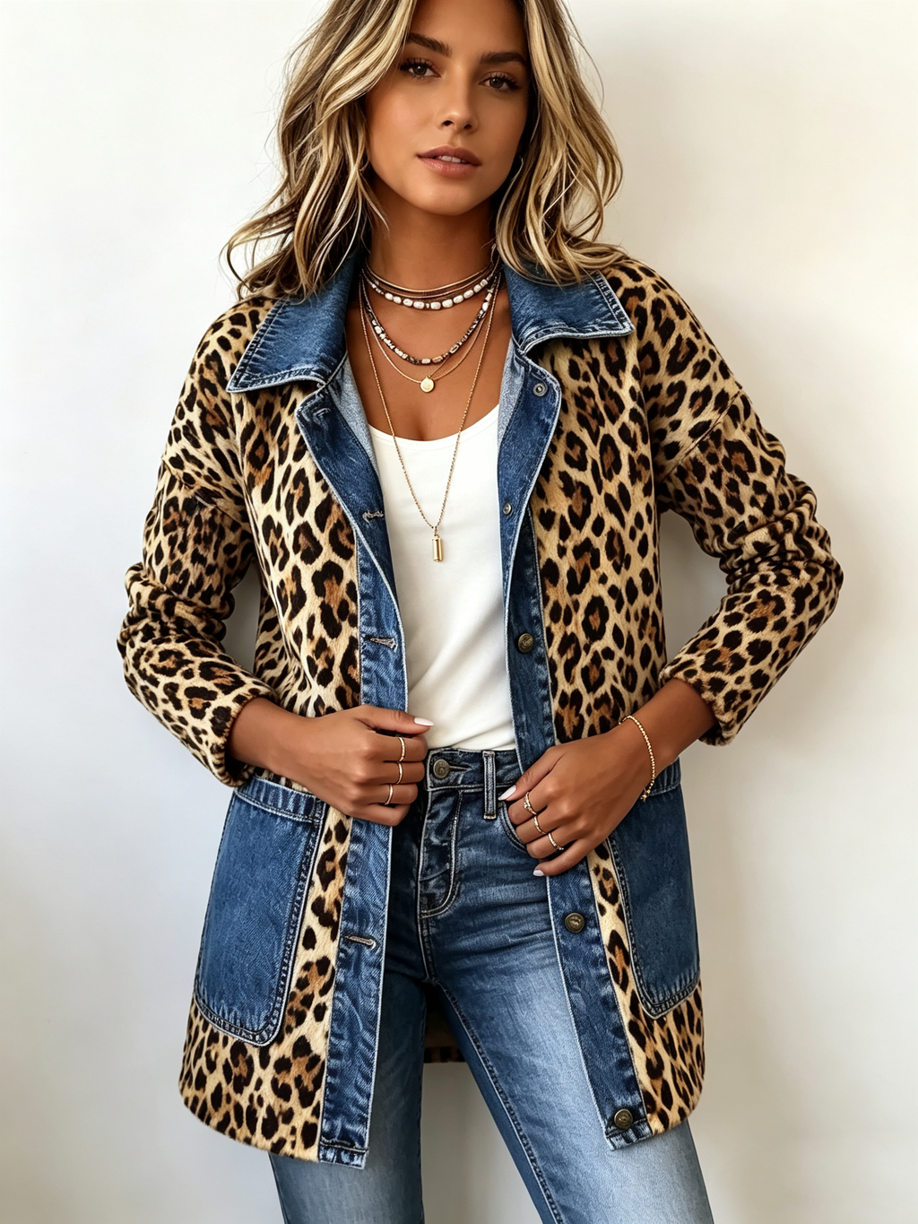 Fablenne | Chaqueta Larga Leopardo con Paneles Denim