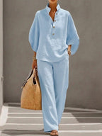Mariel | Cotton Linen Batwing Sleeve Wide Leg Pants Set