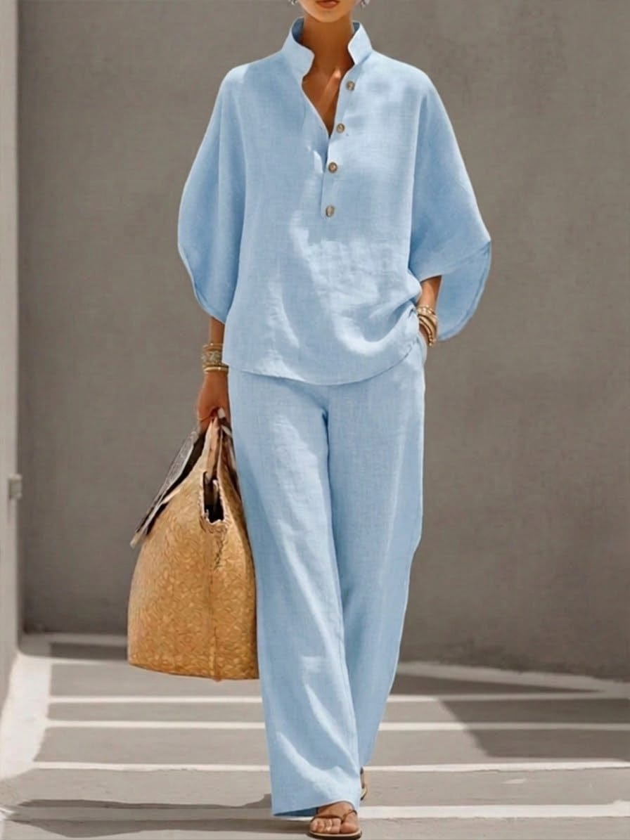 Mariel | Cotton Linen Batwing Sleeve Wide Leg Pants Set