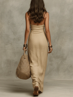 Avelina™ | Vestido largo voluminoso de algodón y lino, cuello americano