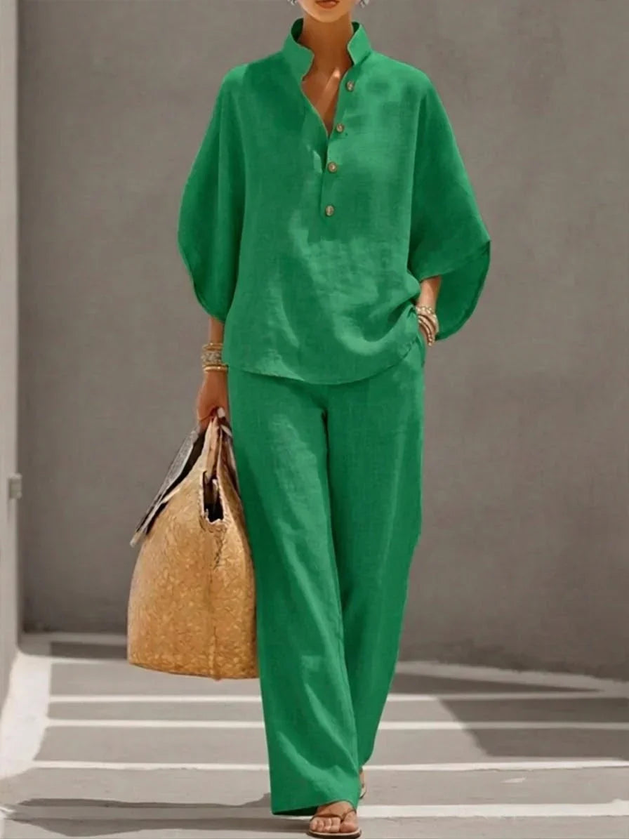 Sophie | Conjunto efecto lino con mangas murciélago y pantalón ancho