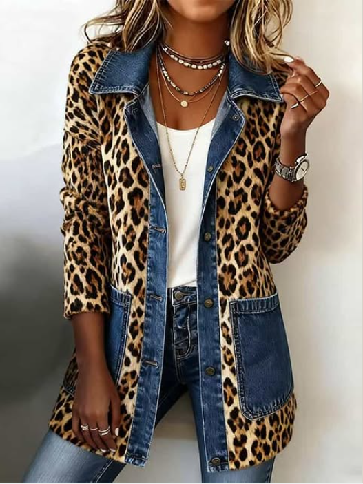 Fablenne | Chaqueta Larga Leopardo con Paneles Denim
