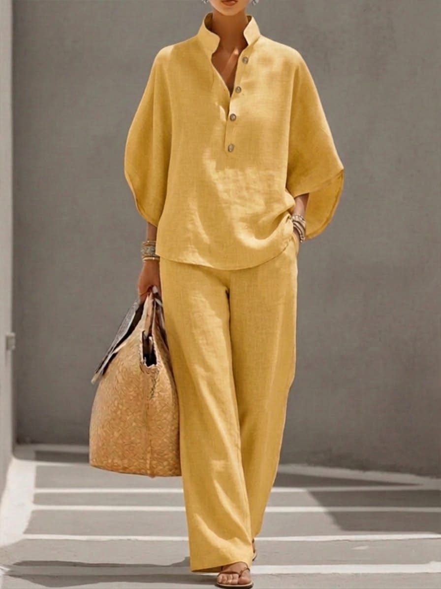 Mariel | Cotton Linen Batwing Sleeve Wide Leg Pants Set