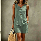Solana | Conjunto de Algodón y Lino con Top de Botones y Shorts
